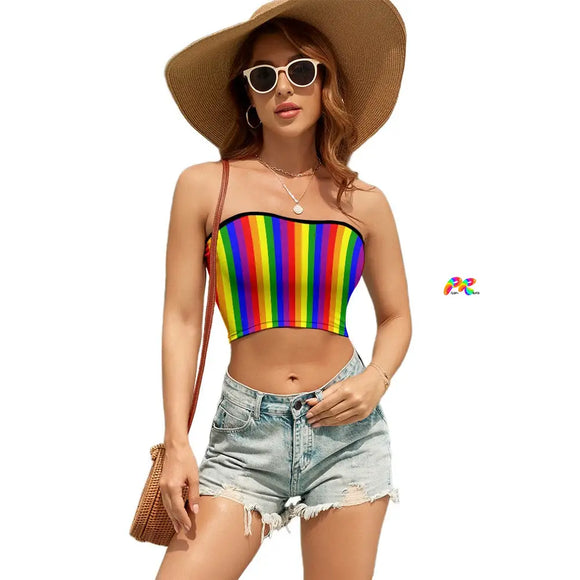 bandeau top with black hem at top and vertical pride rainbow stripes sizes small to 2XL 90% polyester+10% spandex Tube top Women's/Female Pride apparel Pride Striped Tube Top - Prism Raves