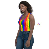 Pride Stripes Crop Top from Store Prism Raves - a vibrant, multi-colored crop top featuring rainbow stripes, perfect for women looking for a sexy, colorful, and sleeveless rainbow top. Available in various sizes.