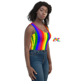 Pride Stripes Crop Top from Store Prism Raves - a vibrant, multi-colored crop top featuring rainbow stripes, perfect for women looking for a sexy, colorful, and sleeveless rainbow top. Available in various sizes.