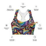 Vibrant longline sports bra featuring a Pride Swirl pattern with an array of vivid colors in swirling designs. The bra offers great support with its compression fabric, double-layered front, and shoulder straps. It's available in a range of sizes, catering to diverse body types. The pattern is dynamic, embodying the spirit of rave culture and energetic movement, making it ideal for both fitness and fashion-forward streetwear.