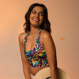 Vibrant longline sports bra featuring a Pride Swirl pattern with an array of vivid colors in swirling designs. The bra offers great support with its compressionbric, double-layered front, and shoulder straps. It's available in a range of sizes, catering to diverse body types. The pattern is dynamic, embodying the spirit of rave culture and energetic movement, making it ideal for both fitness and fa fashion-forward streetwear.