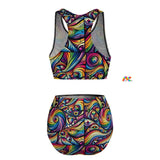 Pride Swirl Racerback High-Waist Bikini featuring a supportive highneck top and flattering high-waist bottoms, crafted with a comfortable blend of polyester and spandex, perfect for rave festivals and celebrating pride., sizes xs to xl - Prism Raves