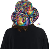 Prism Raves' Pride Swirl Unisex Bucket Hat featuring a unique swirl design of rainbow colors, embodying a modern twist on the classic rainbow bucket hat.