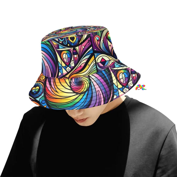 Prism Raves' Pride Swirl Unisex Bucket Hat featuring a unique swirl design of rainbow colors, embodying a modern twist on the classic rainbow bucket hat.