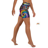 Colorful and comfortable Pride Swirl Yoga Shorts featuring a vibrant, multicolored swirl pattern symbolizing Pride. These shorts offer a body-flattering fit, suited for intense workouts and casual wear. They include a high waistband for extra support and are made from soft, stretchable microfiber yarn, comprising 82% polyester and 18% spandex. The design is both eye-catching and functional, perfect for gym sessions, yoga, or as a fashionable statement during Pride celebrations.
