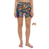 Colorful and comfortable Pride Swirl Yoga Shorts featuring a vibrant, multicolored swirl pattern symbolizing Pride. These shorts offer a body-flattering fit, suited for intense workouts and casual wear. They include a high waistband for extra support and are made from soft, stretchable microfiber yarn, comprising 82% polyester and 18% spandex. The design is both eye-catching and functional, perfect for gym sessions, yoga, or as a fashionable statement during Pride celebrations.
