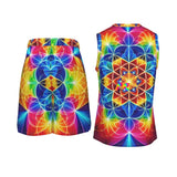 Vibrant Prism Petals men's rave basketball shorts set featuring a colorful, regular fit v-neck jersey and breathable polyester shorts. Perfect for festival goers and sports enthusiasts looking for stylish, durable, and comfortable rave-ready sports gear.