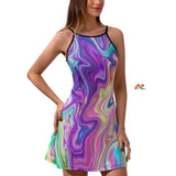Mini dress with a purple irridescent pattern and black spaghetti straps Sizes small to 2XL 90% polyester + 10% spandex Women's/Female Spaghetti straps Loose fit A-line design Adjustable - Cosplay Moon Purple Fusion Spaghetti Rave Dress - Cosplay Moon