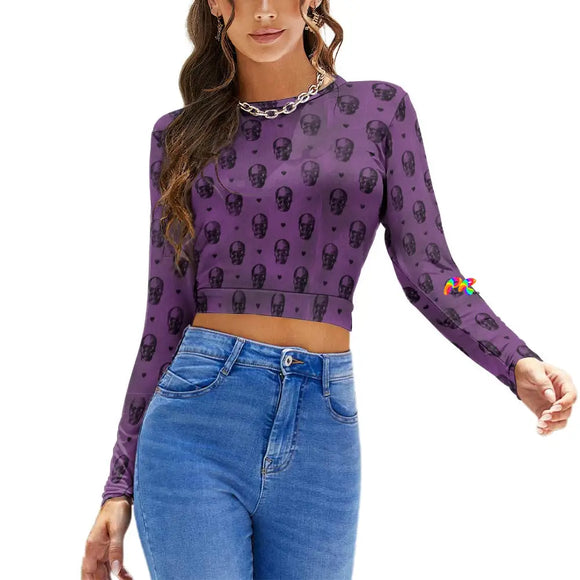 crew neck, long sleeve, cropped shirt with an adjustable tie in the back at the waist. comes to navel and has a purple background with a skull pattern sizes small to 2XL, 90% polyester + 10% spandex (90% Polyester + 10% spandex) Women's/Female Long Sleeve Crew Neck Backless Adjustable tie in back Shirt Goth Purple Skull Backless T-shirt - Cosplay Moon