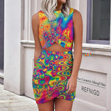 Crew neck, sleeveless, mini dress with a cutout in the middle with a connected mini skirt in bright vivid wavy psychedelic pattern, comes in sizes extra small to 5XL 95% polyester+5% spandex Women's/Female Sleeveless Crew Neck Side cut-outs Mini dress Wrap design Festival fashion Radiant Hue Cutout Rave Mini Dress - Cosplay Moon
