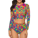 two-piece swimsuit, top is crew neck and long sleeved, bottoms are high-waist, has a vivid bright psychedelic wavy pattern 86% polyester+14% spandex Long sleeve Swimsuit Two-piece Women's/Female High-waist bottoms Crew neck top, sizes small to 2XL Long Sleeve Crew Neck Radiant Hue Long Sleeve Swimsuit - Cosplay Moon