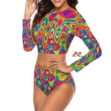 two-piece swimsuit, top is crew neck and long sleeved, bottoms are high-waist, has a vivid bright psychedelic wavy pattern 86% polyester+14% spandex Long sleeve Swimsuit Two-piece Women's/Female High-waist bottoms Crew neck top, sizes small to 2XL  Long Sleeve Crew Neck Radiant Hue Long Sleeve Swimsuit - Cosplay Moon