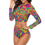 two-piece swimsuit, top is crew neck and long sleeved, bottoms are high-waist, has a vivid bright psychedelic wavy pattern 86% polyester+14% spandex Long sleeve Swimsuit Two-piece Women's/Female High-waist bottoms Crew neck top, sizes small to 2XL  Long Sleeve Crew Neck Radiant Hue Long Sleeve Swimsuit - Cosplay Moon