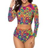 two-piece swimsuit, top is crew neck and long sleeved, bottoms are high-waist, has a vivid bright psychedelic wavy pattern 86% polyester+14% spandex Long sleeve Swimsuit Two-piece Women's/Female High-waist bottoms Crew neck top, sizes small to 2XL Long Sleeve Crew Neck Radiant Hue Long Sleeve Swimsuit - Cosplay Moon