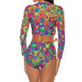 two-piece swimsuit, top is crew neck and long sleeved, bottoms are high-waist, has a vivid bright psychedelic wavy pattern 86% polyester+14% spandex Long sleeve Swimsuit Two-piece Women's/Female High-waist bottoms Crew neck top, sizes small to 2XL Long Sleeve Crew Neck Radiant Hue Long Sleeve Swimsuit - Cosplay Moon