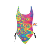 Radiant Hue One Piece Rave Swimsuit with Drawstring Sides for Women - Vibrant Festival Swimsuit in Bold Colors, Perfect for Ravers Seeking Modest Yet Stylish Rave Apparel.