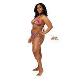 Rave or Festival bikini with wavy colorful pattern Soft and stretchy material with UPF 50+ Sizes up to 6XL Bikini top comes with removable padding for comfort Multiple ways to tie and style the bikini set Radiant Hue Rave Bikini - Cosplay Moon