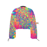 cropped chiffon jacket, zip-up with elastic waistband and cuffs, black trim collar and a vivid neon wavy print all over jacket, zipper has a large gold ring to pull and wrists have adjustable straps, sizes extra small to 2XL, for women.