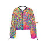 cropped chiffon jacket, zip-up with elastic waistband and cuffs, black trim collar and a vivid neon wavy print all over jacket, zipper has a large gold ring to pull and wrists have adjustable straps, sizes extra small to 2XL, for women. - Cosplay Moon