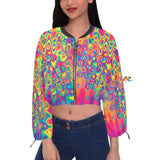 cropped chiffon jacket, zip-up with elastic waistband and cuffs, black trim collar and a vivid neon wavy print all over jacket, zipper has a large gold ring to pull and wrists have adjustable straps, sizes extra small to 2XL, for women.