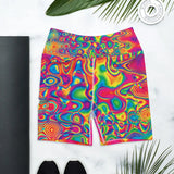82% polyester, 18% spandex Very soft four-way stretch fabric Comfortable high waistband Triangle-shaped gusset crotch Flat seam and coverstitch Women's/Female Yoga Shorts Matching rave activewear, sizes extra small to extra large, wavy psychedelic vibrant pattern Radiant Hue Rave Yoga Shorts - Cosplay Moon