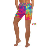 82% polyester, 18% spandex Very soft four-way stretch fabric Comfortable high waistband Triangle-shaped gusset crotch Flat seam and coverstitch Women's/Female Yoga Shorts Matching rave activewear, sizes extra small to extra large, wavy psychedelic vibrant pattern Radiant Hue Rave Yoga Shorts - Cosplay Moon