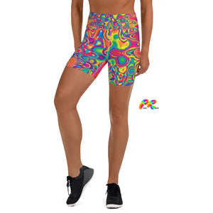  82% polyester, 18% spandex  Very soft four-way stretch fabric  Comfortable high waistband  Triangle-shaped gusset crotch  Flat seam and coverstitch  Women's/Female  Yoga Shorts  Matching rave activewear, sizes extra small to extra large, wavy psychedelic vibrant pattern  Radiant Hue Rave Yoga Shorts - Cosplay Moon