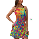 Mini dress with a vivid psychedelic colorful wavy pattern and black spaghetti straps Sizes small to 2XL 90% polyester + 10% spandex Women's/Female Spaghetti straps Loose fit A-line design Adjustable Radiant Hue Summer Festival Dress - Cosplay Moon