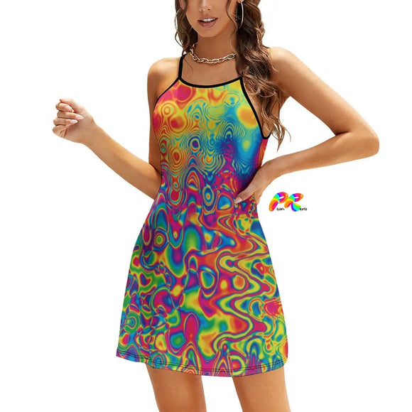  Mini dress with a vivid psychedelic colorful wavy pattern and black spaghetti straps Sizes small to 2XL 90% polyester + 10% spandex  Women's/Female Spaghetti straps Loose fit A-line design Adjustable Radiant Hue Summer Festival Dress - Cosplay Moon