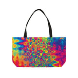 A large 24 by 13 inch tote bag with black polyester handles and a vivid colorful trippy wavy pattern, t-bottom, wide opening and black lining - Cosplay Moon