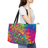 A large 24 by 13 inch tote bag with black polyester handles and a vivid colorful trippy wavy pattern, t-bottom, wide opening - Cosplay Moon