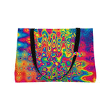 A large 24 by 13 inch tote bag with black polyester handles and a vivid colorful trippy wavy pattern, t-bottom, wide opening - Cosplay Moon