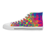 women's, canvas shoes, white lace-up, white soles, vivid rave and festival pattern, gym shoes, sizes 5.5 to 12 Radiant Hue Women's High Top Canvas Rave Sneakers - Cosplay Moon
