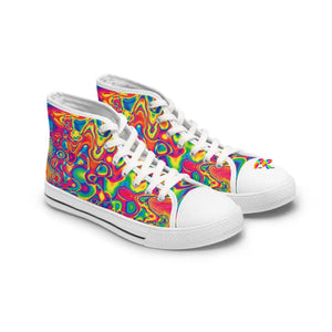 women's, canvas shoes, white lace-up, white soles, vivid rave and festival pattern, gym shoes, sizes 5.5 to 12 Radiant Hue Women's High Top Canvas Rave Sneakers - Cosplay Moon