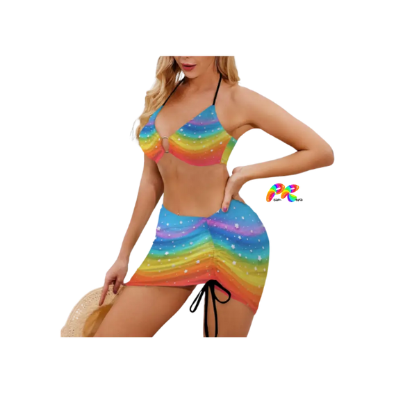 Rainbow Charm Three Piece Rave Swim Skirt Set