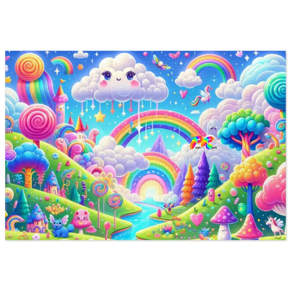 Explore the Rainbow Dreamland Jigsaw Puzzle, available in 30, 110, 252, 500, and 1000-piece variations. This colorful jigsaw puzzle features a vibrant rainbow and cloud design, perfect for kids and adults. Ideal as a pride and LGBTQ puzzle or a kids' birthday gift, it comes in a gift-ready white metal tin box with a satin finish and high-quality chipboard pieces. Enjoy wholesome family downtime with this beautiful and engaging puzzle.