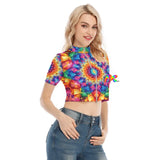Colorful and psychedelic Rainbow Mandala Rave Crop Top with short sleeves, a zipper closure, and collar. Perfect for festival and rave wear, showcasing a vibrant mandala pattern on a soft, lightweight, and breathable fabric.