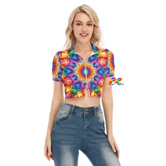 Colorful and psychedelic Rainbow Mandala Rave Crop Top with short sleeves, a zipper closure, and collar. Perfect for festival and rave wear, showcasing a vibrant mandala pattern on a soft, lightweight, and breathable fabric.