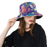Rainbow Rider Bucket Hat showcasing vibrant rainbow colors, perfect for raves, festivals, and pride events. Made from high-quality fabric with an adjustable fit for comfort and style. Ideal for matching couples' rave outfits.