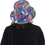 Rainbow Rider Bucket Hat showcasing vibrant rainbow colors, perfect for raves, festivals, and pride events. Made from high-quality fabric with an adjustable fit for comfort and style. Ideal for matching couples' rave outfits.