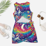 Rainbow Rider Rave Cut-Out Dress - Sleeveless crew neck dress in vibrant rainbow colors, perfect for raves and festivals. Features a slim fit silhouette with a navel-exposed cut-out design. Made of soft polyester-spandex blend fabric.