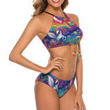 Rainbow Rider Two Piece Rave Swimsuit featuring a colorful tie-dye triangle bikini top with adjustable halter ties and padded bra, paired with matching moderate coverage swim briefs, ideal for raves and beach festivals.