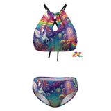 Rainbow Rider Two Piece Rave Swimsuit featuring a colorful tie-dye triangle bikini top with adjustable halter ties and padded bra, paired with matching moderate coverage swim briefs, ideal for raves and beach festivals.