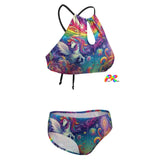 Rainbow Rider Two Piece Rave Swimsuit featuring a colorful tie-dye triangle bikini top with adjustable halter ties and padded bra, paired with matching moderate coverage swim briefs, ideal for raves and beach festivals.