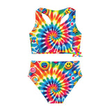 Vibrant Rainbow Swirl Two-Piece Swimsuit for Girls - Perfect for Pride Festivals and Beach Raves. This colorful swimwear features swirling patterns in pride-inspired rainbow colors, ideal for celebrating diversity and love at any festival or rave event.