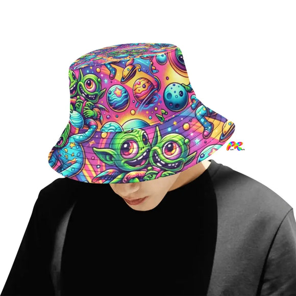 Vibrant Rave Adventure Bucket Hat by Prism Raves, showcasing an eye-catching, psychedelic design with neon colors and intricate patterns for the ultimate festival flair. Crafted for comfort, this unisex hat is made from lightweight, breathable fabric, ensuring sun protection while keeping you cool at summer festivals, EDM events, and outdoor raves. A must-have accessory for any rave enthusiast seeking to add a pop of color and style to their festival wardrobe.