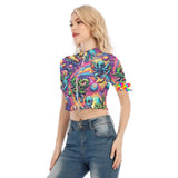 Rave Adventure Zipper Crop Top featuring a two-way zipper, collared design, psychedelic sacred geometry patterns, and matching couples rave outfits.