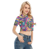 Rave Adventure Zipper Crop Top featuring a two-way zipper, collared design, psychedelic sacred geometry patterns, and matching couples rave outfits.