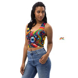 Rave Dreamscape Crop Top, featuring an explosion of psychedelic patterns and neon colors, designed for the ultimate festival experience. The top showcases a flattering fit with a mesmerizing blend of vivid hues, ideal for standout rave and EDM festival fashion.