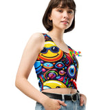 Rave Dreamscape Crop Top, featuring an explosion of psychedelic patterns and neon colors, designed for the ultimate festival experience. The top showcases a flattering fit with a mesmerizing blend of vivid hues, ideal for standout rave and EDM festival fashion.